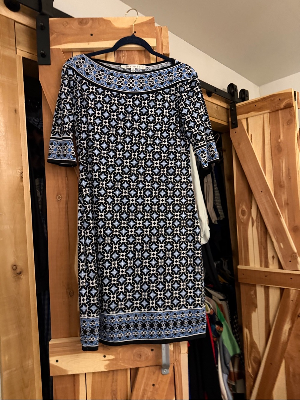 Max Studio Navy and Light Blue Geometric Border Midi Dress
